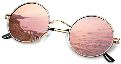 KANASTAL Gafas de Sol Redondas Rosa Espejo Hombre Polarizadas Mujer Circulos Retro Metal Pequeñas Vintage Protección UV Pink Round Glasses - Montura Doradas con Lentes Rosas