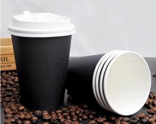 HOT BARGAINS, 50 X 8oz Black Insulated Takeaway Disposable Double Wall Paper Coffee and Cold Drinks Cups to Go with White Reusable Lids (8oz)