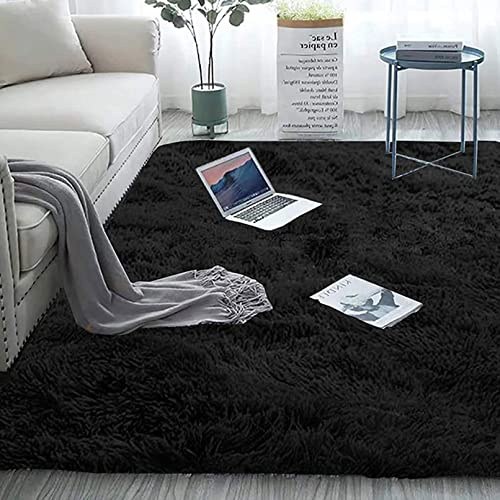 CHBIN Langflor 180x200cm Teppich Wohnzimmer Langflor Teppiche Plüsch Teppich Spitzenqualität Waschbar für Bettvorleger Sofa Matte Oder Schlafzimmmer Deko Usw, Schwarz