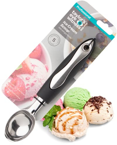 Stainless Steel Ice Cream Scoop - Sturdy, Strong Head Scooper & Black Soft Grip Handles. Perfect Dessert Spoon for Ice Cream, Cookie Dough & Other Frozen Treats. Dishwasher Safe. 5 Year Guarantee.