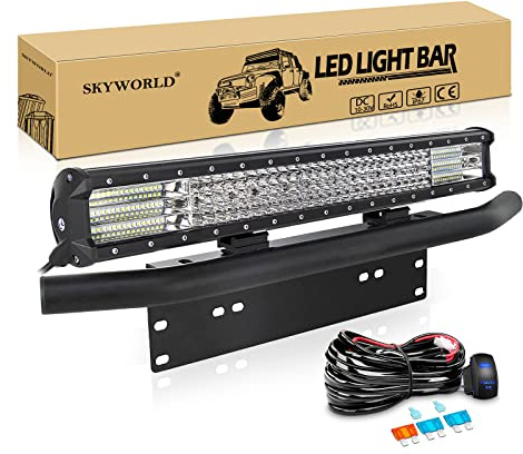 SKYWORLD LED-Lichtleiste, 59 cm 570W Spot-Flut-Kombistrahl, Arbeitslampe mit schwarzer Kennzeichenhalterung, 12 V Kabelbaum-Set Wippschalter für LKW Auto ATV SUV 4X4 | Viererreihe Arbeitsscheinwerfer Zusatzscheinwerfer Bar, 12V Wippschalter Kabelbaum Kit für 4x4 Auto Offroad SUV LKW