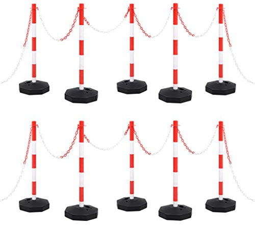 vidaXL Ensemble de Poteaux à Chaîne avec Chaîne en Plastique Panneaux de Sécurité Avertissement Signalisation Circulation Parking Entrepôt 10 m Rouge