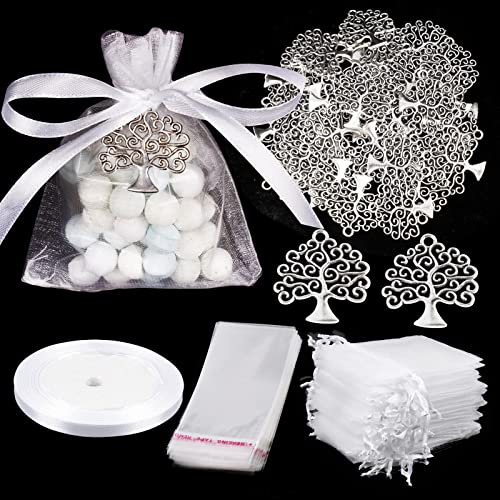50 Stück Lebensbaum Anhänger mit 50 pcs Weißem Organza Beutel und 50 pcs Plastik Tüten Anhänger Dekoration für Gastgeschenke Hochzeit Geburtstag Kommunion Konfirmation Taufe Party Mitbringsel usw.