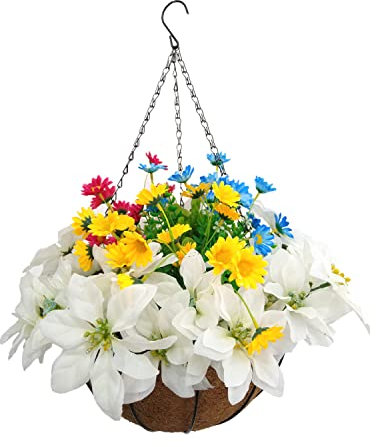 Künstliche weiße Weihnachtsblume Weihnachtsstern und blau gelb rot Chrysanthemen Blume DIY Urlaub Hochzeit Büro Zuhause Kette Hängekorb schöne Dekoration (weiß blau gelb rot groß korb)