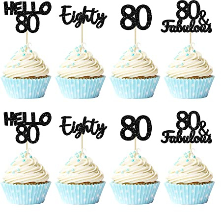 Gyufise 24Pcs 80th Birthday Cupcake Toppers Hello 80 Cake Toppers Eighty 80 and Fabulous Cupcake Picks 80th Birthday Cake Decorations Supplies Black