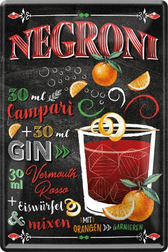WOGEKA ART Retro Blechschild - Negroni - Gin Vermouth Cocktail Rezept als Geschenk-Idee zum Geburtstag Weihnachten zur Deko für Haus-Bar Pub Kneipe 20x30 cm Vintage-Design Metall 648