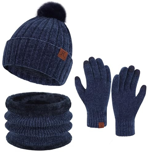 ZASFOU Damen Winter Beanie Mützen Schal Touchscreen Handschuhe Set Chenille Strick Wintermütze Winterhandschuhe Loop Schal