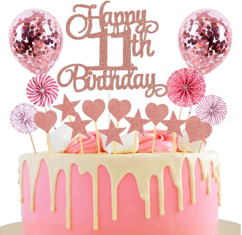 Jxuzh Happy 11th Birthday Tortendeko Rosegold - Kuchendeko für 11 Jahre Mädchen Jungen - Geburtstag Kuchen Deko Mit Herz Stern - Cake Topper Rosa