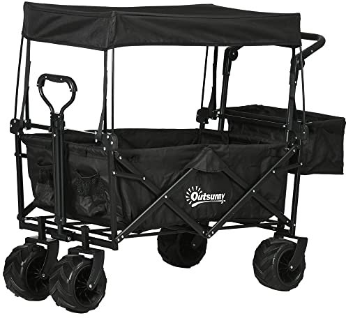 Outsunny 120L Festival Trolley on Wheels, Folding Camping Trolley Cart with Removable Canopy, All-Terrain Wheels, Adjustable Handle, Push or Pull for Garden Beach Fishing Shopping, Black