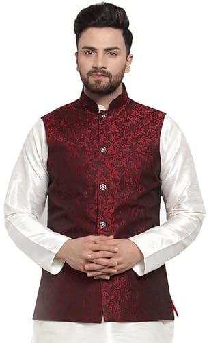 Maple Clothing Men's Jacquard Nehru Jacket Traditional India Waistcoat (Maroon, S)