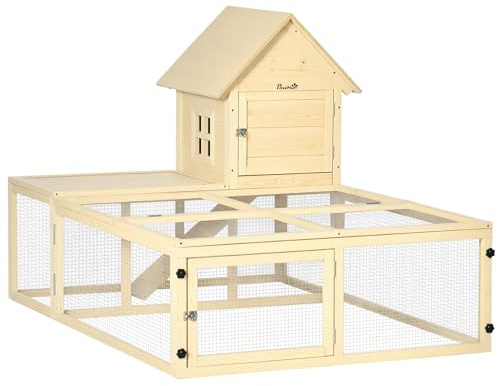 PawHut Clapier en Bois enclos pour Animaux Villa pour Lapin 2 Niveaux avec Aire de Course Rampe et Portes verouillables 151,5 x 106 x 97 cm