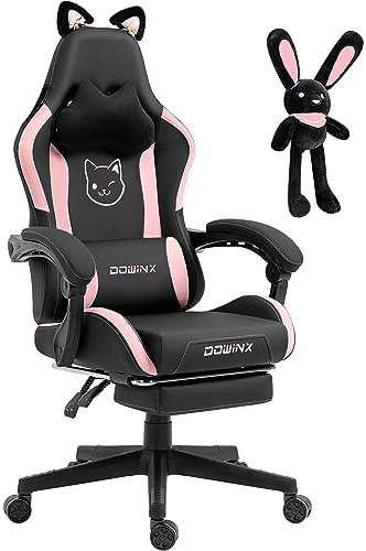 Dowinx Gaming Stuhl - Süße Katze Edition - Ergonomischer Computerstuhl mit Hoher Rückenlehne und Lendenwirbelstütze, PU-Leder, Fußstütze, Schwarz