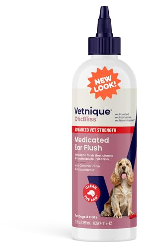 Vetnique Oticbliss Advanced Strength Dog Ear Infection Treatment Flush, Antiseptic Cat & Dog Ear Cleaner Solution Medicated with Chlorhexidine & Ketoconazole Helps with Ear Yeast (12oz Flush)