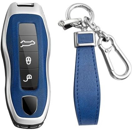 KUNIO Keyless Key Case fit for Porsche for Macan for Panamera 918 911 981 991 Boxster for Cayenne Cayman Key Cover Case Metal Key Cover Key Ring Cover Keychain A Silver Blue
