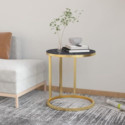 CKioict Moderner Konsolentisch Sofa Tisch Telefontisch Beistelltisch Golden und Schwarze Marmor-Optik 45 cm Hartglasfür Flur, Eingang, Wohnzimmer, Schlafzimmer