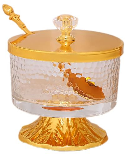 Azucarero Retro con Tapa, Azucarero con Tapa y Cuchara, Accesorios para cafetería, Tarro de Especias de Cristal, Azucarero, para el hogar, Cocina, Rayas Doradas Verticales (Lunares Dorados)