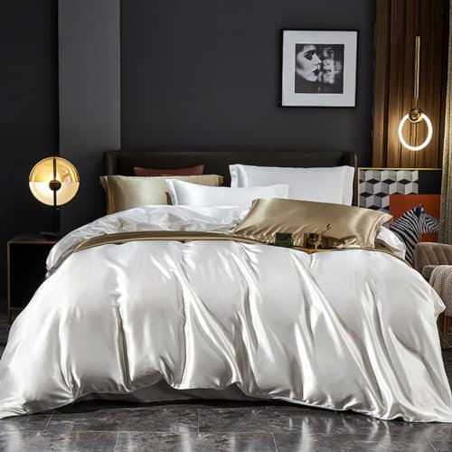 Freyamy Housse de Couette Satin 140x200cm+1 Taie d'oreiller 65x65cm Blanc Unie Luxe Parure de lit en Satin de Soie Brillante Sets de Housse Couette Adulte avec Fermeture Éclair Linge de Lit