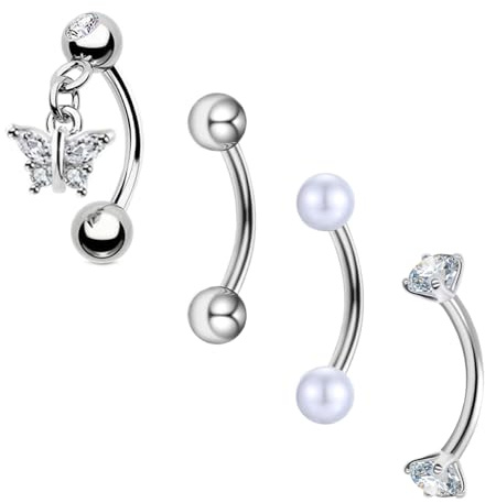 Besyvvin 4pcs Curved Barbell Eyebrow Lip Ring Rook Daith Helix Bars 8mm Stainless Steel 16G Piercing Banana Silver Butterfly