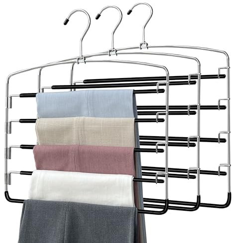 WEKIWGOT Set di 3 Grucce Pantaloni Salvaspazio, Grucce Multifunzionali con 4 Bracci Girevoli e 5 Rivestimenti Antiscivolo per Pantaloni, Jeans, Asciugamani e Sciarpa