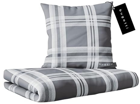 bugatti Bettwäsche 135 x 200 cm - 100% Baumwolle, Reißverschluss, anschmiegsam, weich & waschbar, Mako Satinbettwäsche kariert grau