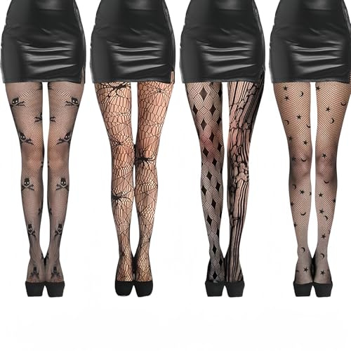 HhBdy 4 Stück Halloween Stockings, Netzstrümpfe mit Totenkopfmuster Sexy Netzstrumpfhose Schwarz Halloween Mode Fishnet Stockings für Halloween Kostümpartys Mottopartys Cosplay（Schwarz）