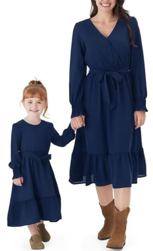 PATPAT Mutter Tochter Kleid Set Langarm Stitching Einfarbig Familienoutfits, Kleider für Mädchen Partnerlook, Mama Tochter Strandkleid, Mutter Baby Partnerlook, Blau, Damen: S