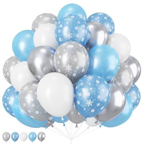 Blue White Snowflake Balloons, 12 Inch 60pcs Blue White and Silver Latex Balloons Winter Theme Balloon Set for Wonderland Theme Birthday Party Decorations Supplies