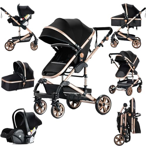 Sianldcone Kinderwagen 3 in 1, Hochwertige Stoffe Kinderwagen Set, Zwei-Wege-Schiebefunktion Reisesysteme, Offene Sicht Kombikinderwagen 3 in 1 Komplettset (739 Black Gold)