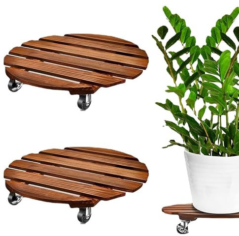 Puedno 2 Pack Plant Caddy Wood Plant Stands 30CM/12 Inch with Wheels, Round Rolling Plant Stand with Metal Lockable Caster Wheels, Heavy Duty Wooden Plant Pot Trolley