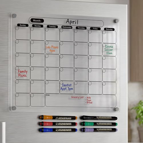 Acrylic Magnetic Dry Erase Calendar for Fridge Clear Monthly Whiteboard Planner Erasable Planning Board Black 16 x 12 w/ 6 Dark Color Wet Erase Marker