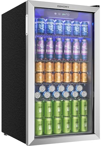 EUHOMY 93L Drinks Fridge, 126 Can Beer Fridge with Glass Door, Wine fridge with Adjustable Shelves for Soda Beer or Wine, Home/Bar/Office, Silver, Steel, One-Touch Control [Energy Class F]