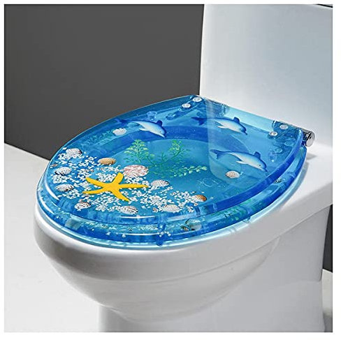 Ocean Series Art WC-Sitz aus Kunstharz, mit Absenkautomatik, 3D-Effekte, robuster Toilettendeckel mit Delfin, Seestern, echten Muscheln und Sanden, U/V/O-Typ, WC-Sitzbezug mit Absenkautomatik