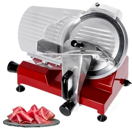 Trancheuse à Jambon Électrique 250 mm – Épaisseur Réglable 0 à 12 mm – Puissance 150W – Design Rouge Élégant – Idéale Viande, Charcuterie et Fromage