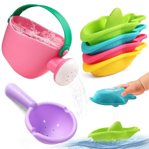 Baby Bath Toys for 1 2 3 Year Olds Mould Free 6PCS Water Play Swimming Pool Toys Toddler Kids Stacking Cups Kids Watering Can Bath Boats Water Toys Bathtub Present for Boys Girls 1 2 3 Year Old Gifts