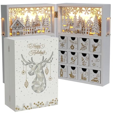 PE Christmas Wooden Advent Calendar Book with Drawers and LED, Reusable Christmas Countdown Wooden Advent Calendar with Village Forest Reindeer Scene (White&Gold)