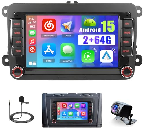 [2+64GB] Hikity Android 15 Autoradio för VW Golf 5 Golf 6 Skoda Polo Passat Tiguan Touran med Carplay Android Auto Mirrorlink, 7 Tum Kapacitiv Pekskärm med WiFi GPS Navi FM Bluetooth