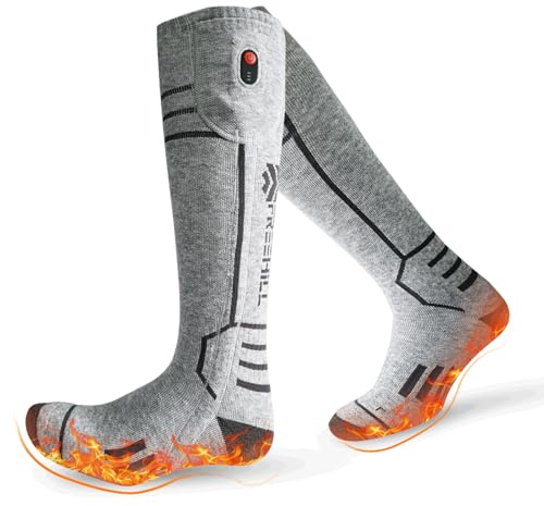 FREEHILL Merino Wool Heated Socks for Men Women, 5000mAh One-Click Control Rechargeable Cold Weather Heated Ski Socks (US, Alpha, Medium, Regular, Regular, Gray)