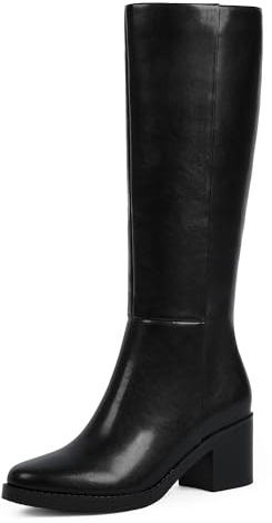 Easyfox Tall Boots for Women Low Heeled Black Knee High Boots Women Chunky Heel Black Leather Boot Round Toe Dress Block Heel High Fall Boot Size 9