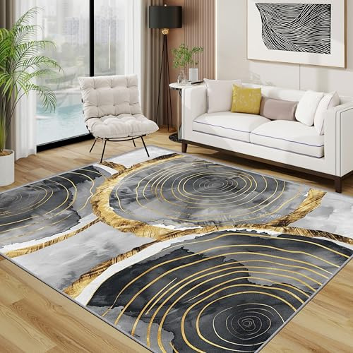 TerroVee Modern Teppich 140x200 cm, Baumstamm Luxus Minimalistisch Teppich Wohnzimmer, Geometrisch Textur Kurzflor rutschfest Pflegeleicht Teppiche Für Jugendzimmer Schlafzimmer, Grau Gold
