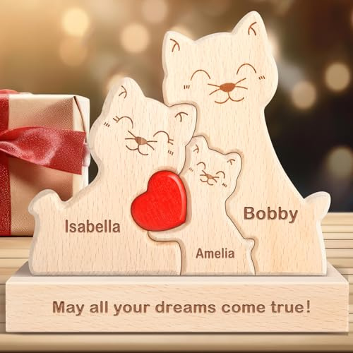 Personalisiertes Holzkunstpuzzle der Katze Familie mit 1-8 Namen, benutzerdefinierte Familienname Skulptur Jigsaw, Tier Dekorativ Ornament Ideen für Weihnachten Jubiläum Muttervatertag Vatertag