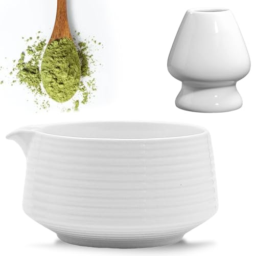 VEGOATY 2-Teilige Japanische Matcha-Schale mit Ausgießer, Chawan Matcha-Teeschale mit Schneebesenablage, Traditionelle Matcha-Keramikschale Matcha-Schale Chawan Teeschalen Keramik-MatchaSchale (Weiß)