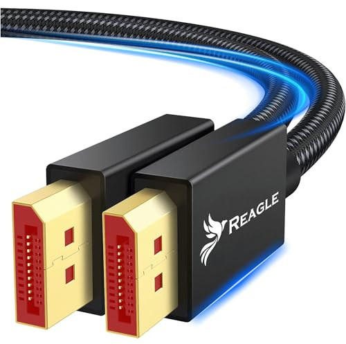 Reagle Câble DisplayPort DP 2.1 8K @ 120 Hz, 4K @ 320 Hz 240 Hz, FREESYNC GSYNC 80 Gbps, nylon tressé HDR10+, pour moniteur de jeu, carte graphique, mise en miroir vidéo, mode étendu (1M)