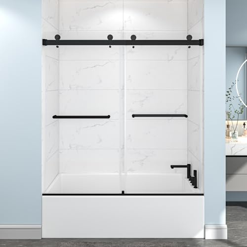 EPXMKX 54-60 W x 60 H Frameless Bathtub Shower Door, Double Sliding Shower Door,5/16(8mm) Clear Tempered Glass,Bathtub Glass Door with Explosion-Proof Film (Matte Black 60 Wx60 H)