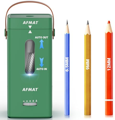AFMAT Elektrischer Anspitzer, Vollautomatischer Anspitzer, Auto in & Out, Wiederaufladbarer Hands-Free Anspitzer für Jumbo & Buntstifte (6,5-12 mm), Tragbar für Zuhause/Klassenzimmer/Büro,Grün,PSC6