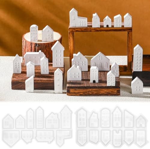 Geiserailie 24 Piezas Moldes de Silicona Navideños 3D para Candelabros Navideños Moldes de Silicona con Forma de Casa para Yeso Velas DIY