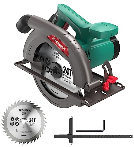 HYCHIKA Circular Saw - 1300W Electric Saw 4500RPM, High Power Motor, 24T Blade(185mm), Cutting Depth 65mm (90º), 45mm (45º), Safety Switch, Dust Extraction