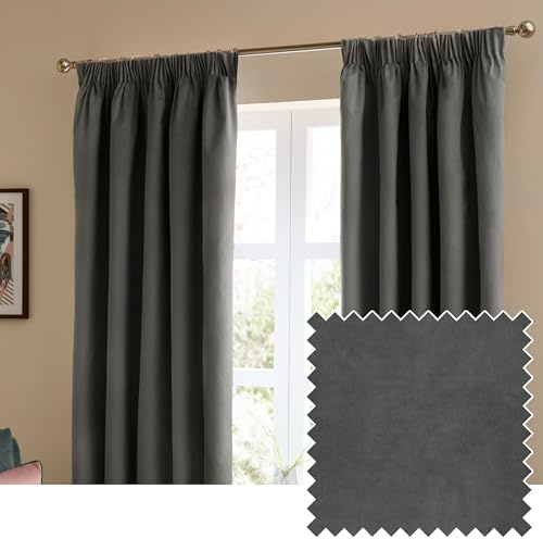 furn. The Ultimate Velvet Pencil Pleat Curtain Pair – Soft Stylish Room Darkening Matte Velvet Drapes (Charcoal - 229x137cm)