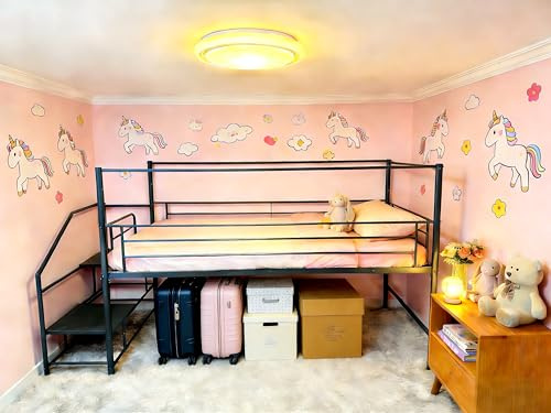 XINBEDEU Single Low Loft Bed with Storage Stairs, Metal Mid Loft Bed Frame with Safety Guardrails, Space-Saving Design for Bedroom, No Box Spring Needed (Black,Twin)