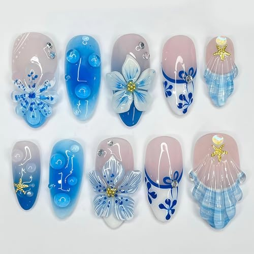 Tastetreasure 30 Stk. 3D Ozean Press on Nails, Mandel Blau Blumen & Muschel Künstliche Fingernägel, Sommer Ästhetische Kunstnägel mit Seestern Design, Inklusive Klebepads & Feile