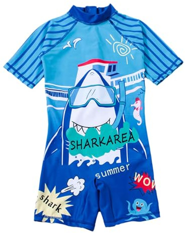 Generisch Costume da bagno per ragazzi, da spiaggia, con protezione solare, con cappello integrato, Blu, 4-5 Anni